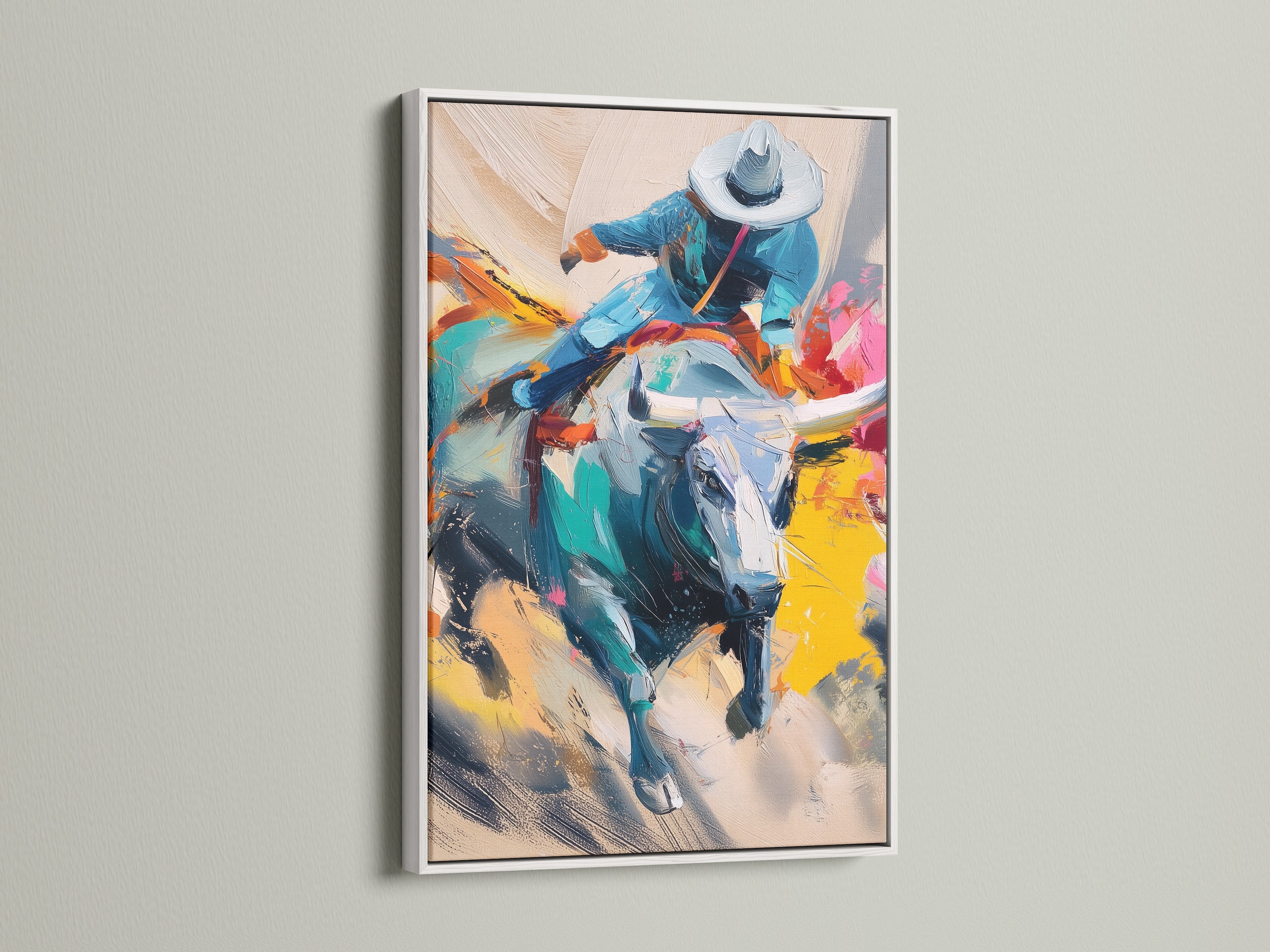 Enhance your home with cowboy rodeo canvas art in a white frame. This bull rider print adds western charm to your walls. Ideal for western home decor or a unique piece of cowboy artwork. Brighten any room.