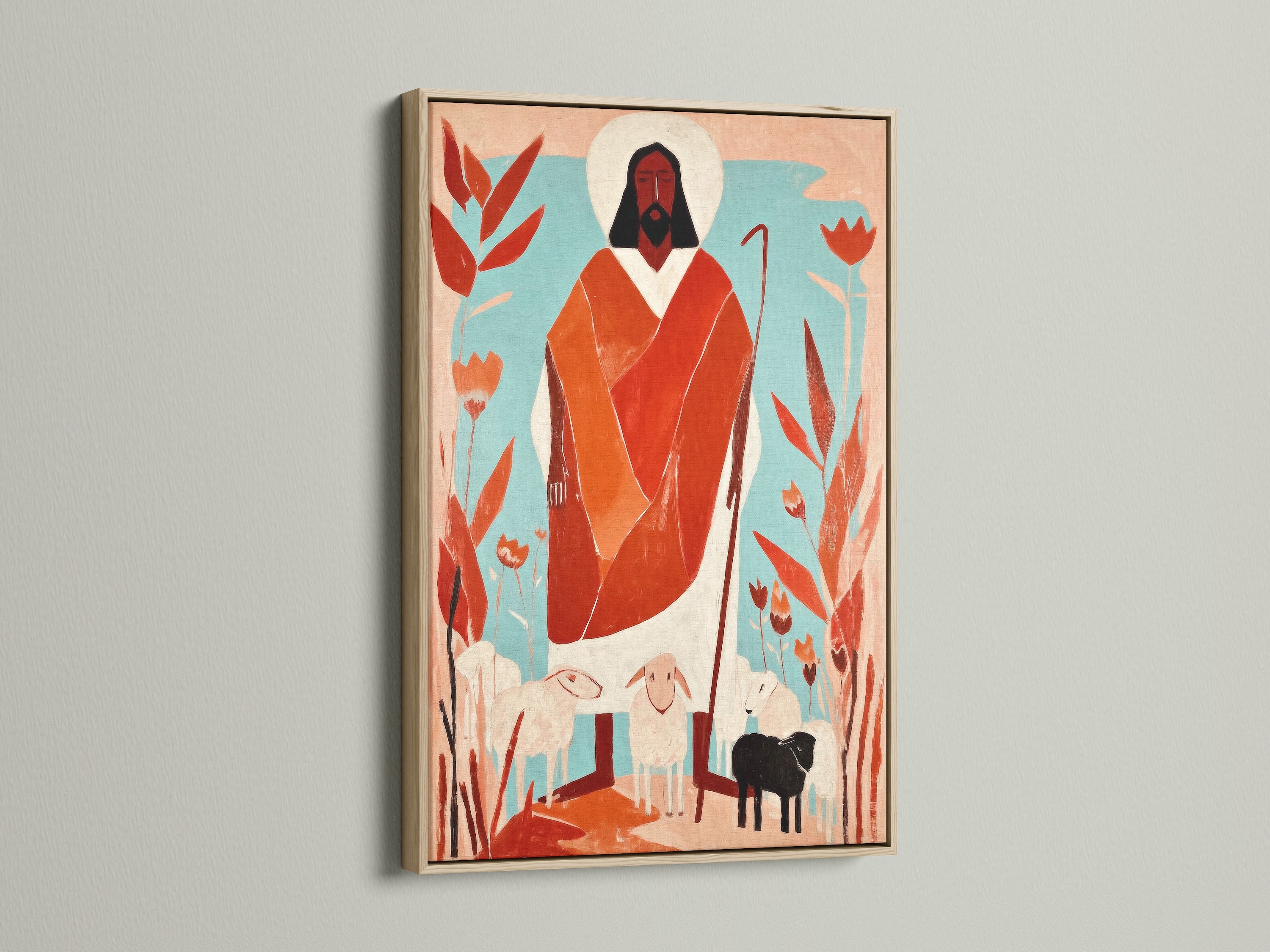 Artwork in an oak frame on a white wall. The art is beautifully displayed. The oak frame enhances the artwork's aesthetic. It adds warmth and elegance to any room. Perfect for home decor.