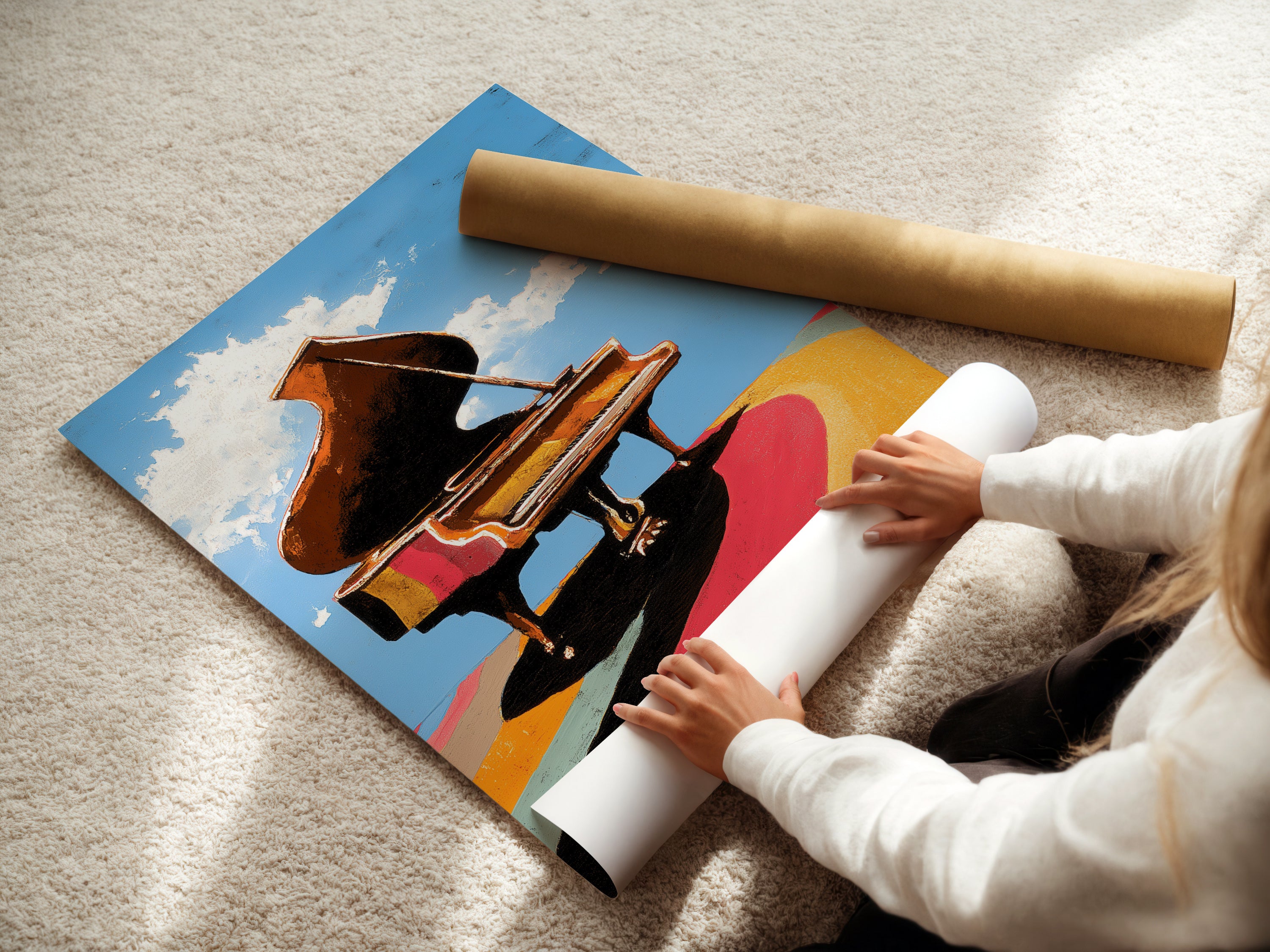 A woman is carefully rolling a fine art poster paper. The poster paper is high-quality ensuring a vibrant and lasting print. This allows for safe shipping and easy handling. Choose fine art paper for a premium art experience. Perfect for music enthusiasts and art collectors.