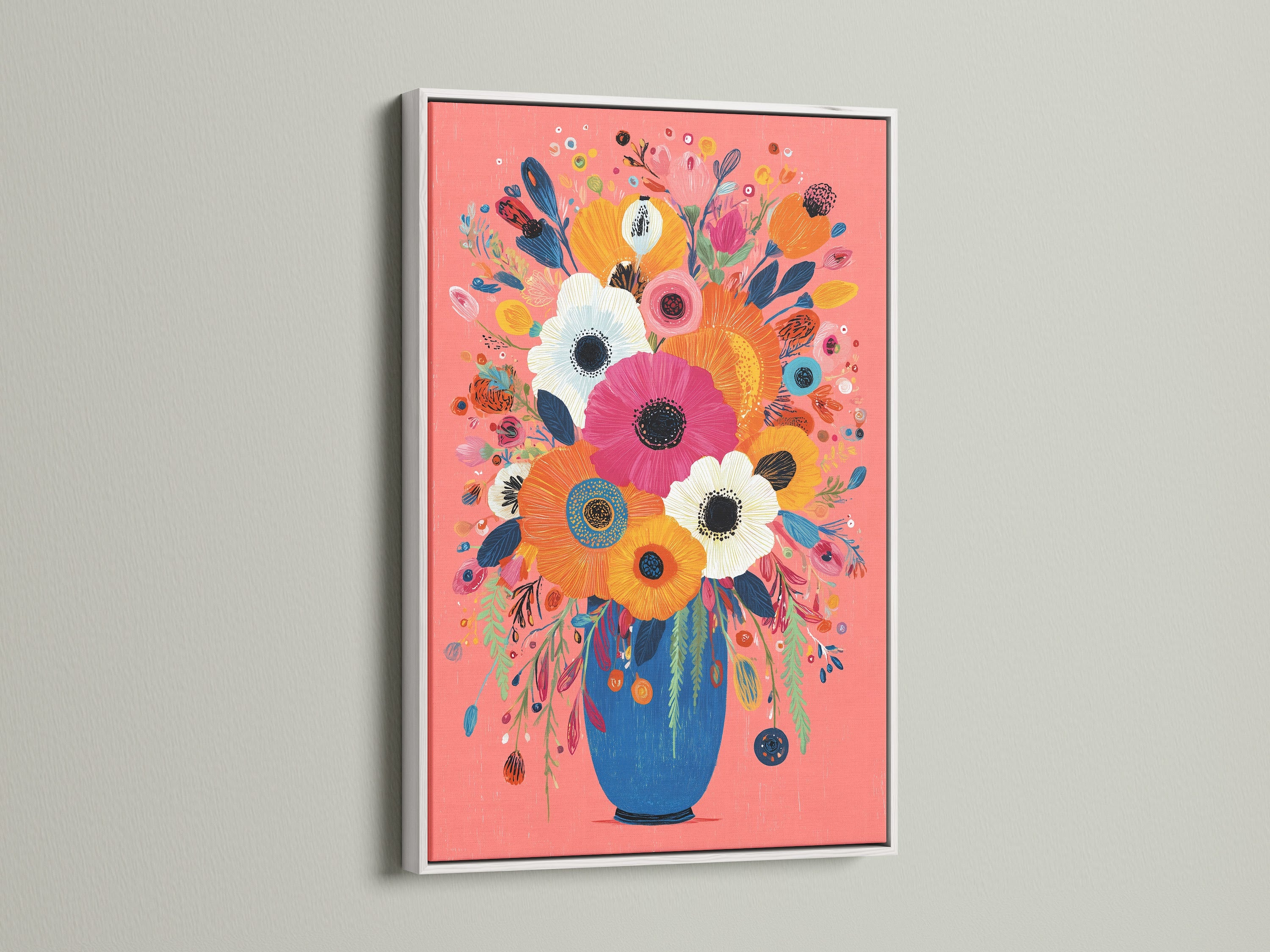 Colorful Floral Bouquet Art Print - Vibrant Flowers in Blue Vase Wall Art, Modern Botanical Poster, Pink Coral Home Decor
