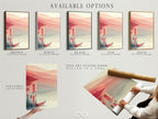 Available options include a stretched canvas print fine art poster paper and a floating frame. Coastal house artwork with a red boat is featured. The minimalist seascape artwork is perfect for any style. Choose the best option for your living room wall art. Elevate your beach house decor with serene art.