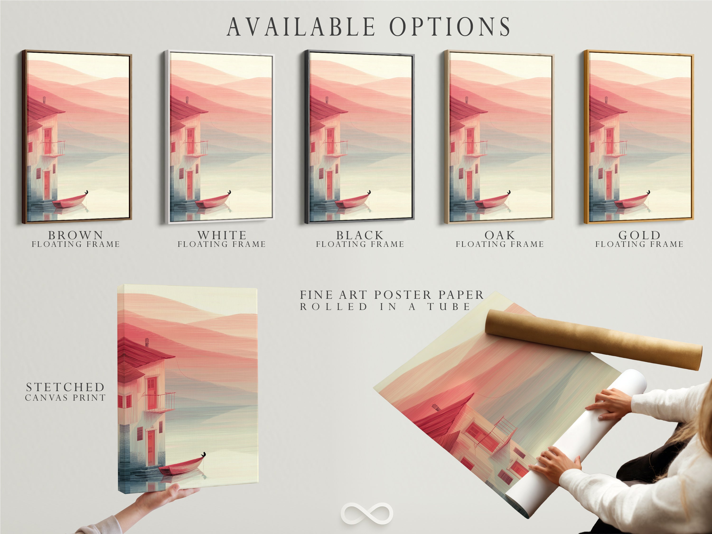 Available options include a stretched canvas print fine art poster paper and a floating frame. Coastal house artwork with a red boat is featured. The minimalist seascape artwork is perfect for any style. Choose the best option for your living room wall art. Elevate your beach house decor with serene art.