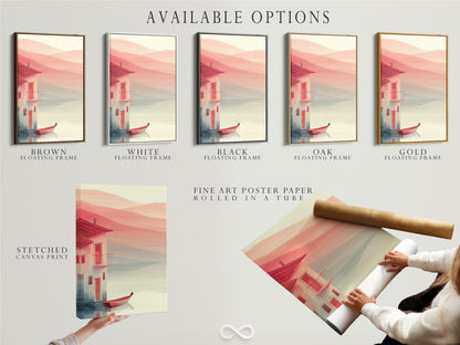 Available options include a stretched canvas print fine art poster paper and a floating frame. Coastal house artwork with a red boat is featured. The minimalist seascape artwork is perfect for any style. Choose the best option for your living room wall art. Elevate your beach house decor with serene art.
