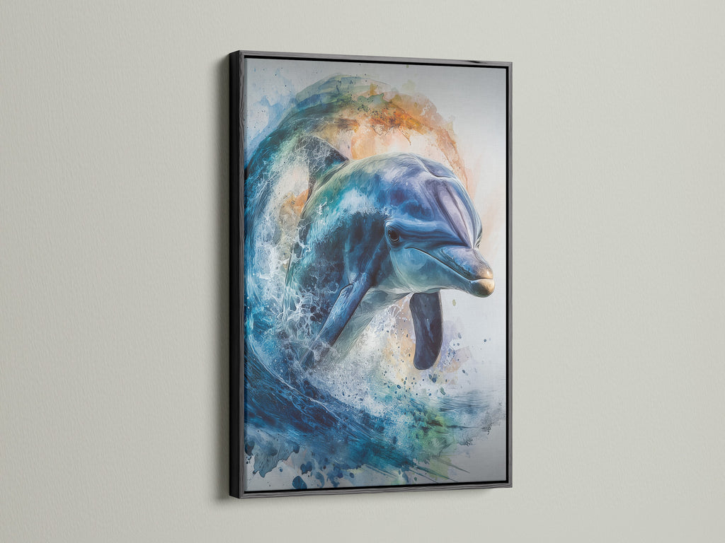 The image showcases a dolphin artwork in a black frame. The frame adds sophistication to the artwork. It creates a striking contrast against the wall. A timeless piece for any space. Shop now for artwork