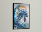 The image showcases a dolphin artwork in a black frame. The frame adds sophistication to the artwork. It creates a striking contrast against the wall. A timeless piece for any space. Shop now for artwork