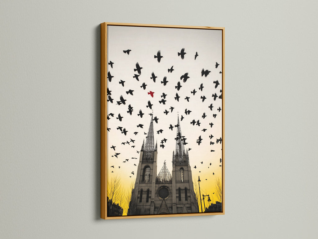 Gothic Cathedral artwork with birds in flight. The frame is gold. The gold frame adds a touch of luxury. Enhance your living space with this art. A vintage cathedral print is a great conversation starter. The artwork is perfect for architecture enthusiasts.