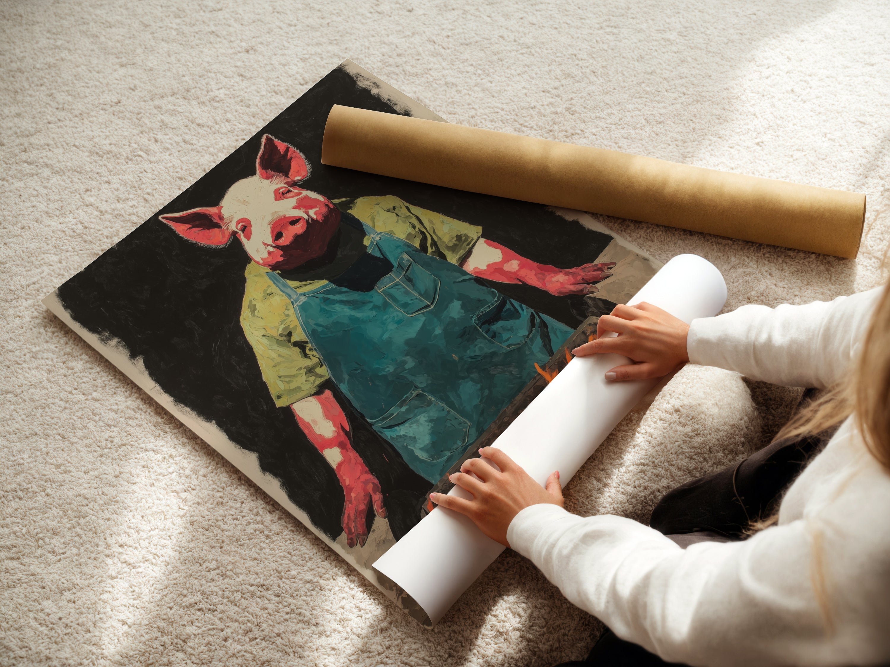 A woman carefully rolls a fine art poster paper of the Pig Chef artwork. The artwork features a pig chef tending a BBQ. The fine art poster paper ensures high-quality reproduction. This print is perfect for adding a humorous touch to your kitchen or dining area. It is ideal for rustic decor.