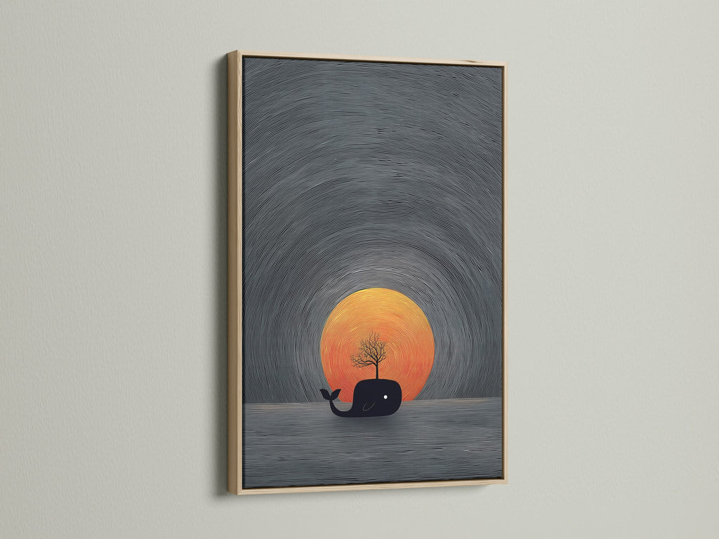 The oak frame enhances a captivating whale art piece. A sunset canvas brings a minimalist and coastal touch to your home. This nautical decor is perfect for living rooms bedrooms and nurseries. It's a great way to showcase unique wall art.