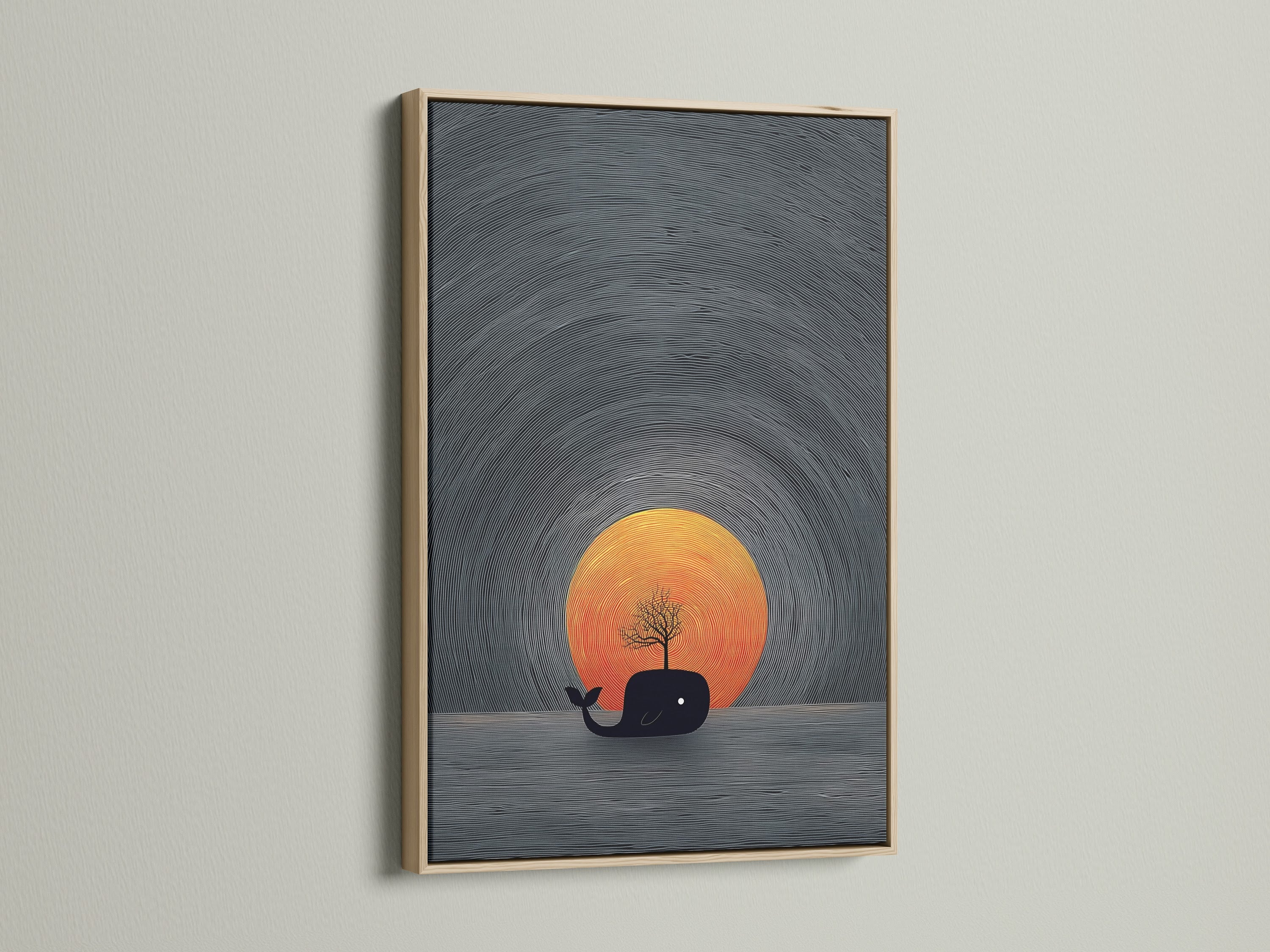 The oak frame enhances a captivating whale art piece. A sunset canvas brings a minimalist and coastal touch to your home. This nautical decor is perfect for living rooms bedrooms and nurseries. It's a great way to showcase unique wall art.