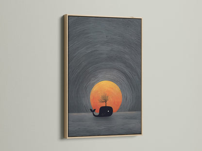 The oak frame enhances a captivating whale art piece. A sunset canvas brings a minimalist and coastal touch to your home. This nautical decor is perfect for living rooms bedrooms and nurseries. It's a great way to showcase unique wall art.