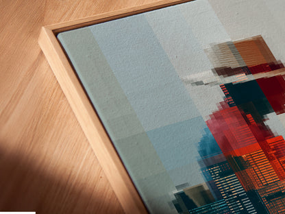 Angled close-up reveals a canvas print in a floating frame. See the abstract pixelated figure art up close. The contemporary glitch art elevates any space. Perfect modern office decor for professionals.