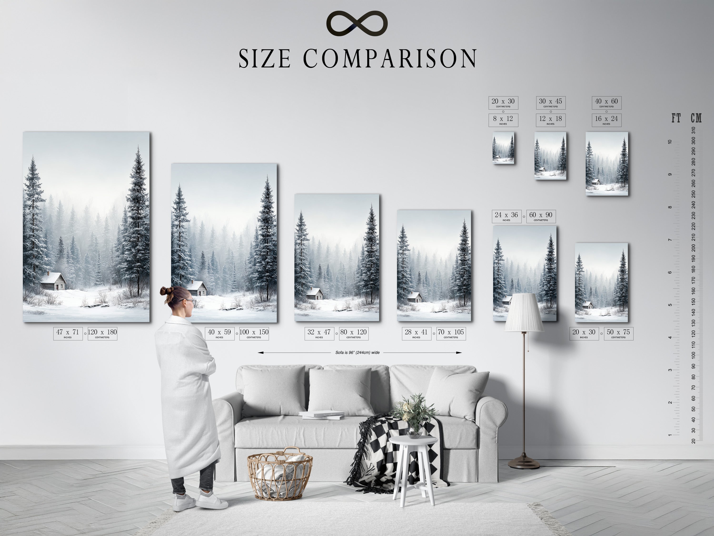 Size comparison chart displayed in an interior setting. It shows the Winter Forest artwork in various sizes. Visualize the perfect fit for your space. The artwork features snow-covered pine trees. A cozy cabin completes the winter scene.