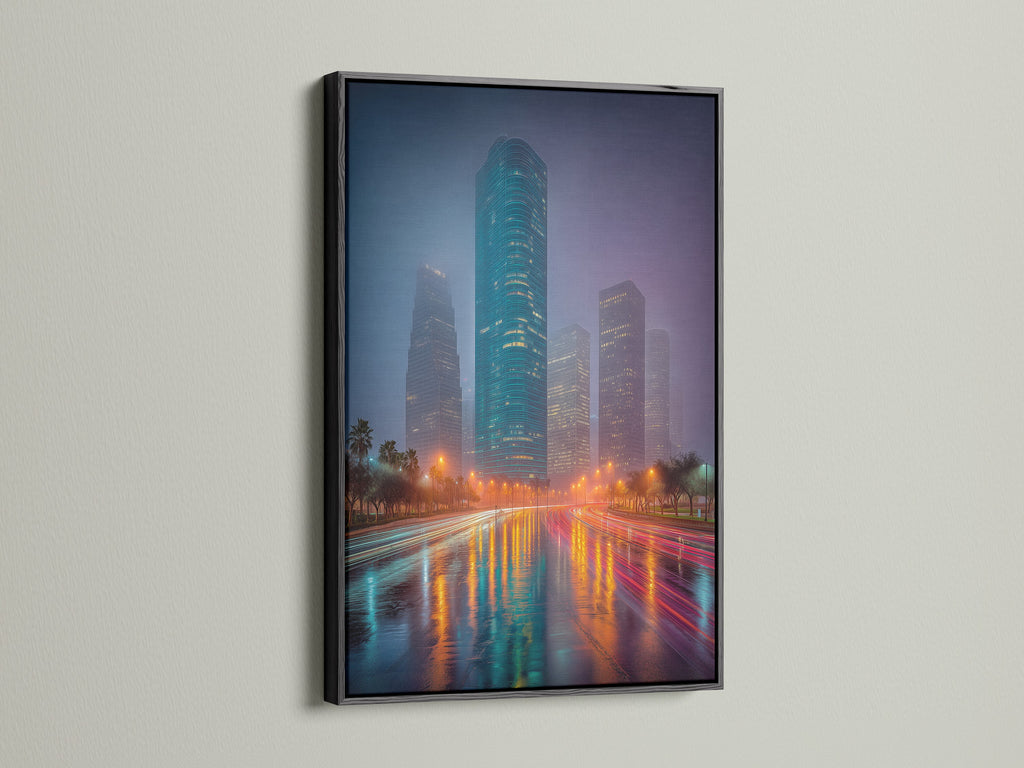 See a cityscape canvas art print displayed in a black frame. This urban canvas art makes a bold statement. The night city decor adds sophistication. It's suitable for studios and clinics. Appreciate the modern office art.