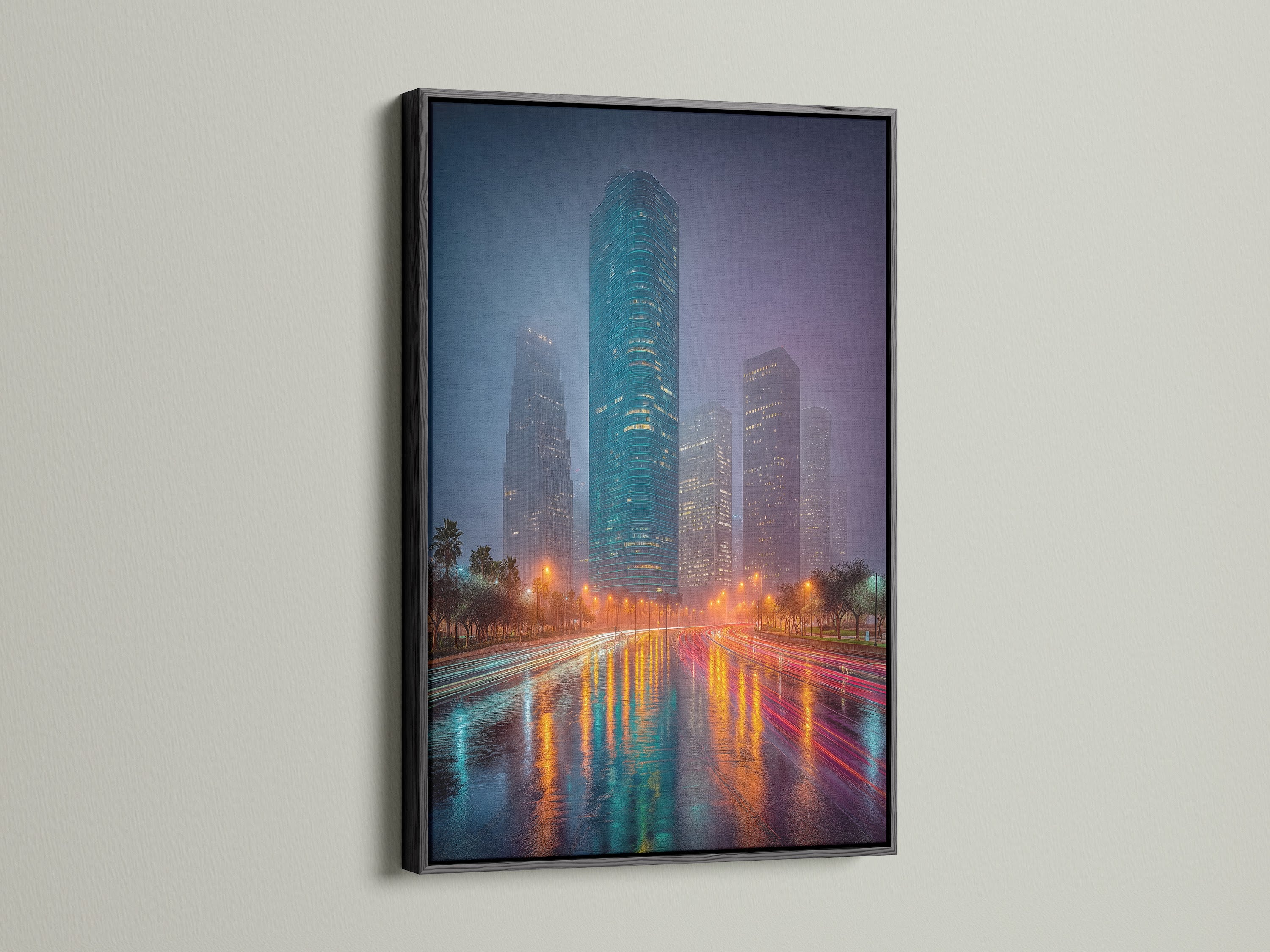 See a cityscape canvas art print displayed in a black frame. This urban canvas art makes a bold statement. The night city decor adds sophistication. It's suitable for studios and clinics. Appreciate the modern office art.