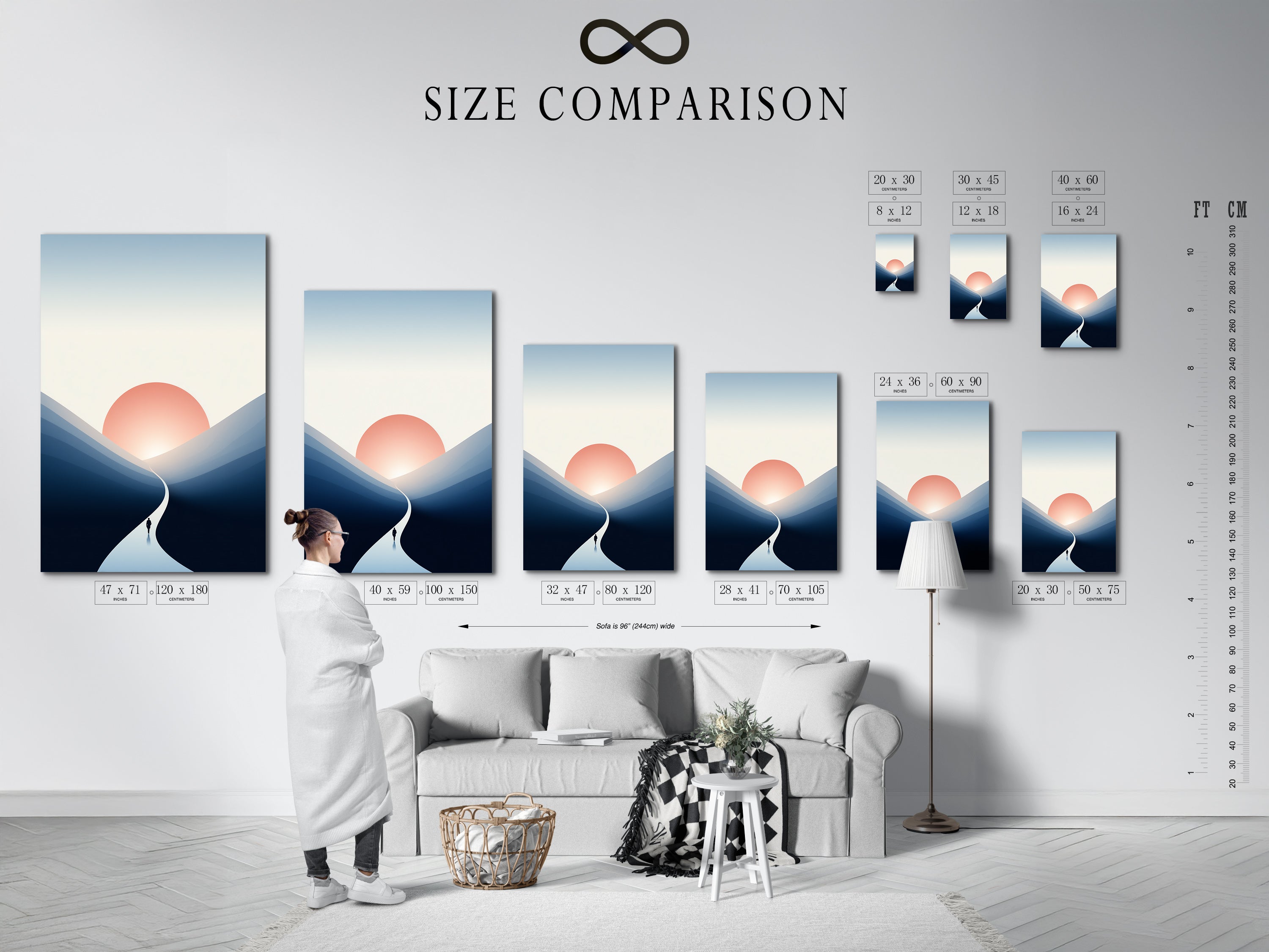 A size comparison chart displayed in an interior setting. Visualize the perfect size for your mountain canvas. Choose the ideal dimensions for your wall art needs. Find the right fit for your living room bedroom or office. Ensure your contemporary art makes a statement.