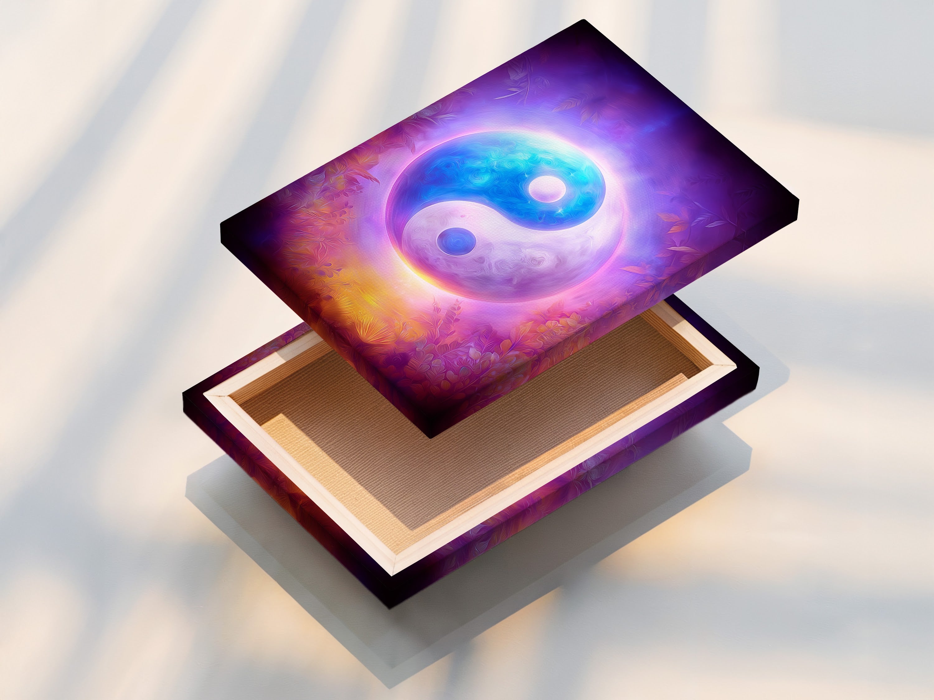 A stretched canvas print displays the Yin Yang art. The cosmic purple and blue colors create a spiritual ambiance. This zen decor is ready to hang and enjoy. The stretched canvas provides a gallery-worthy look. Enhance your home with this balanced artwork.