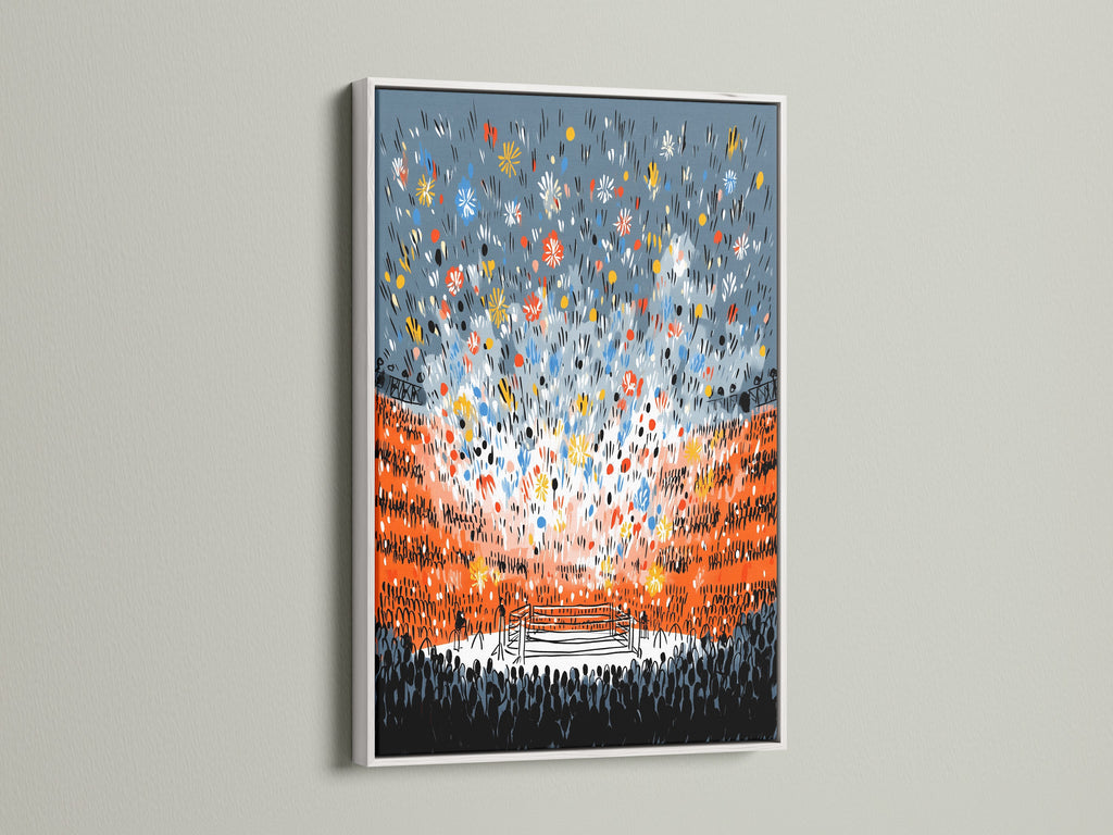 Boxing canvas print displayed in a clean white frame. The fight night artwork brings the energy of a live match to any room. Ideal for a modern sports bar or home office.  See how this sports arena art enhances your wall decor.