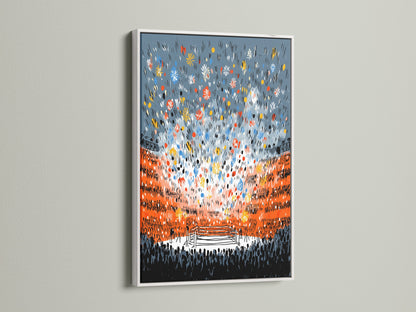 Boxing canvas print displayed in a clean white frame. The fight night artwork brings the energy of a live match to any room. Ideal for a modern sports bar or home office.  See how this sports arena art enhances your wall decor.