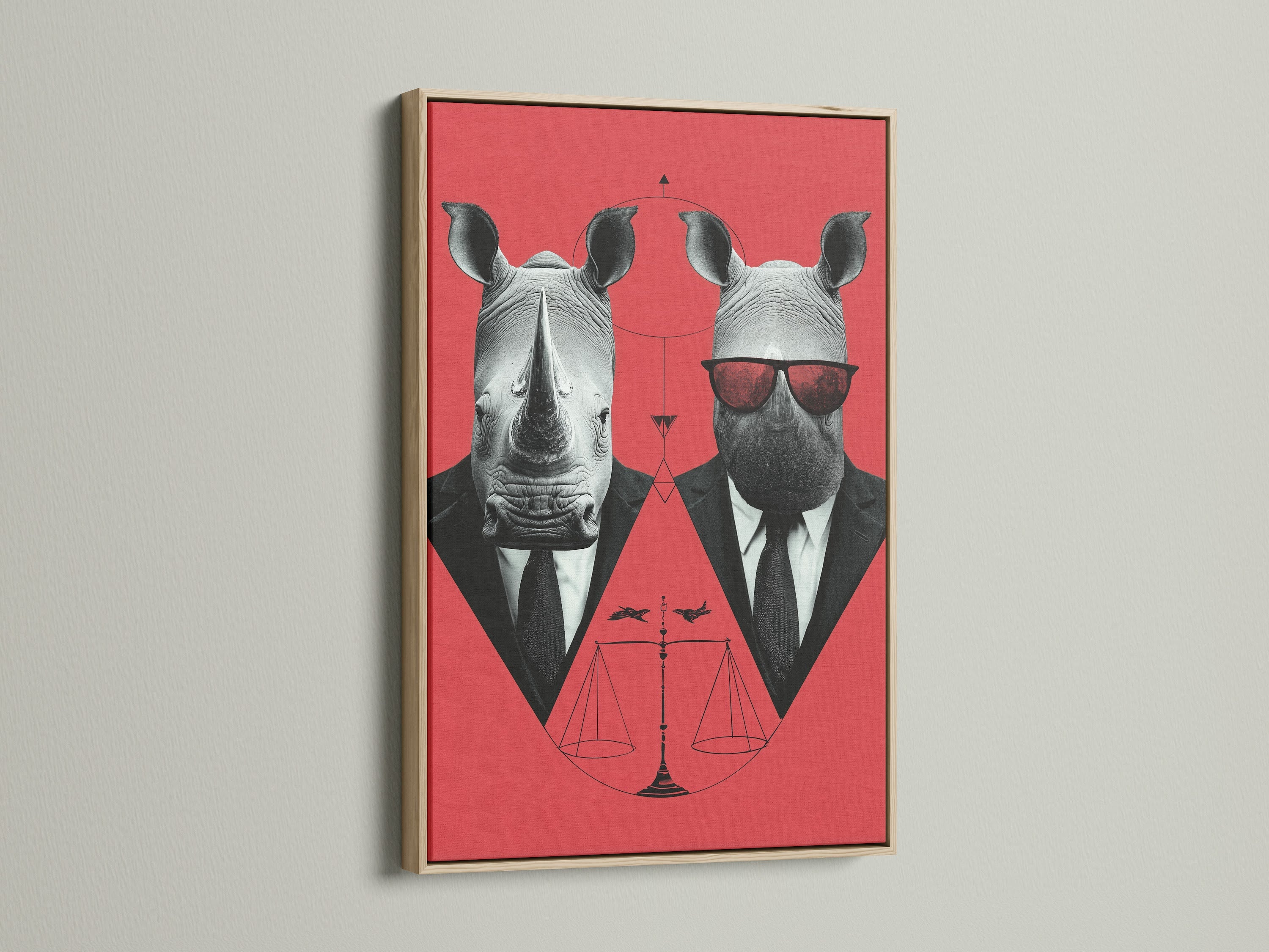 Rhino Business Suit artwork with an oak frame. This unique piece features a contemporary print style. The red and black tones create a bold statement. Ideal for professionals and art enthusiasts seeking quirky office decor.