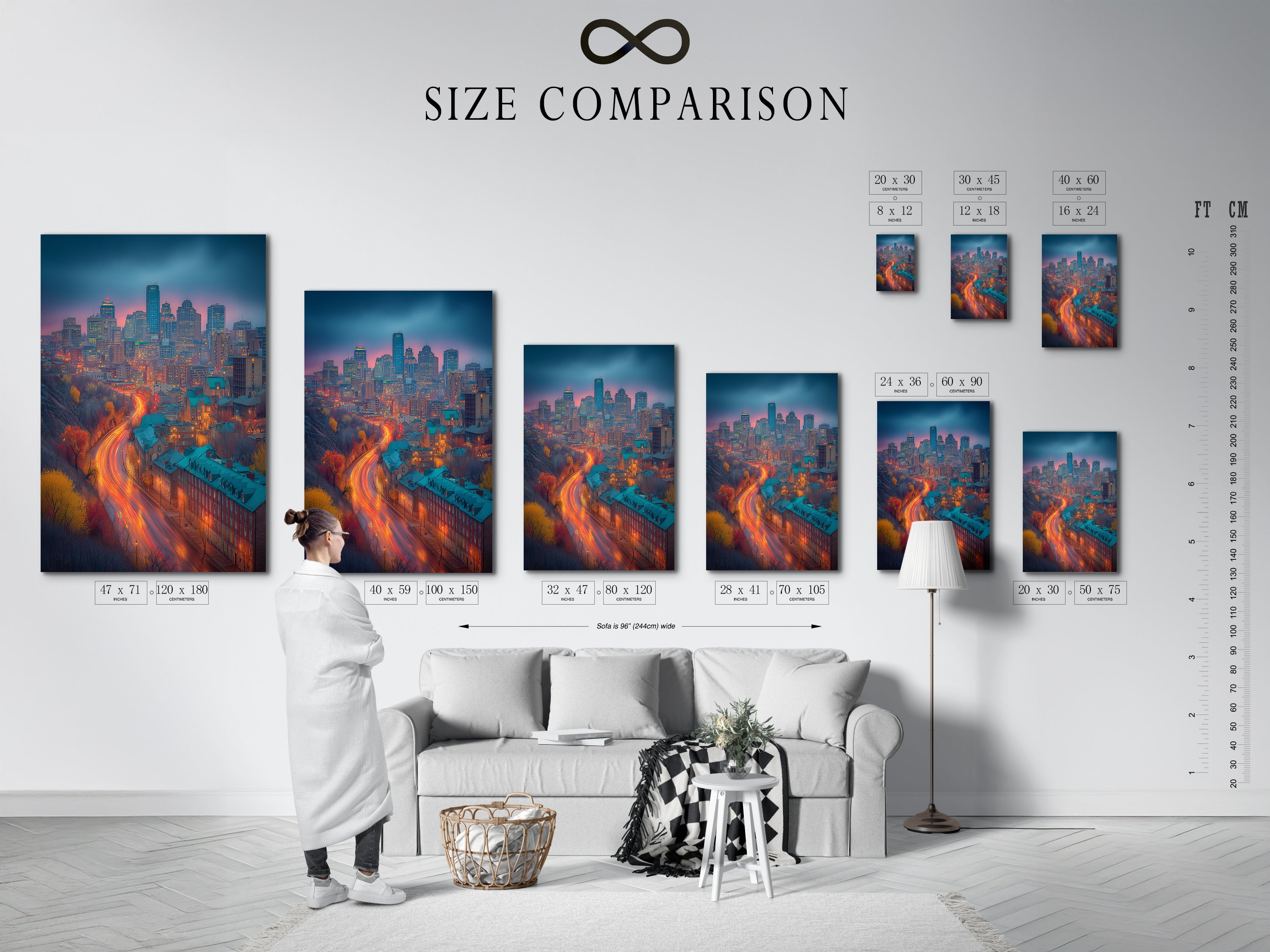 A size comparison chart is showcased in a room interior. This helps visualize the ideal dimensions for your wall. See how different sizes of cityscape artwork fit in your space. Choose the perfect scale for your urban wall decor.