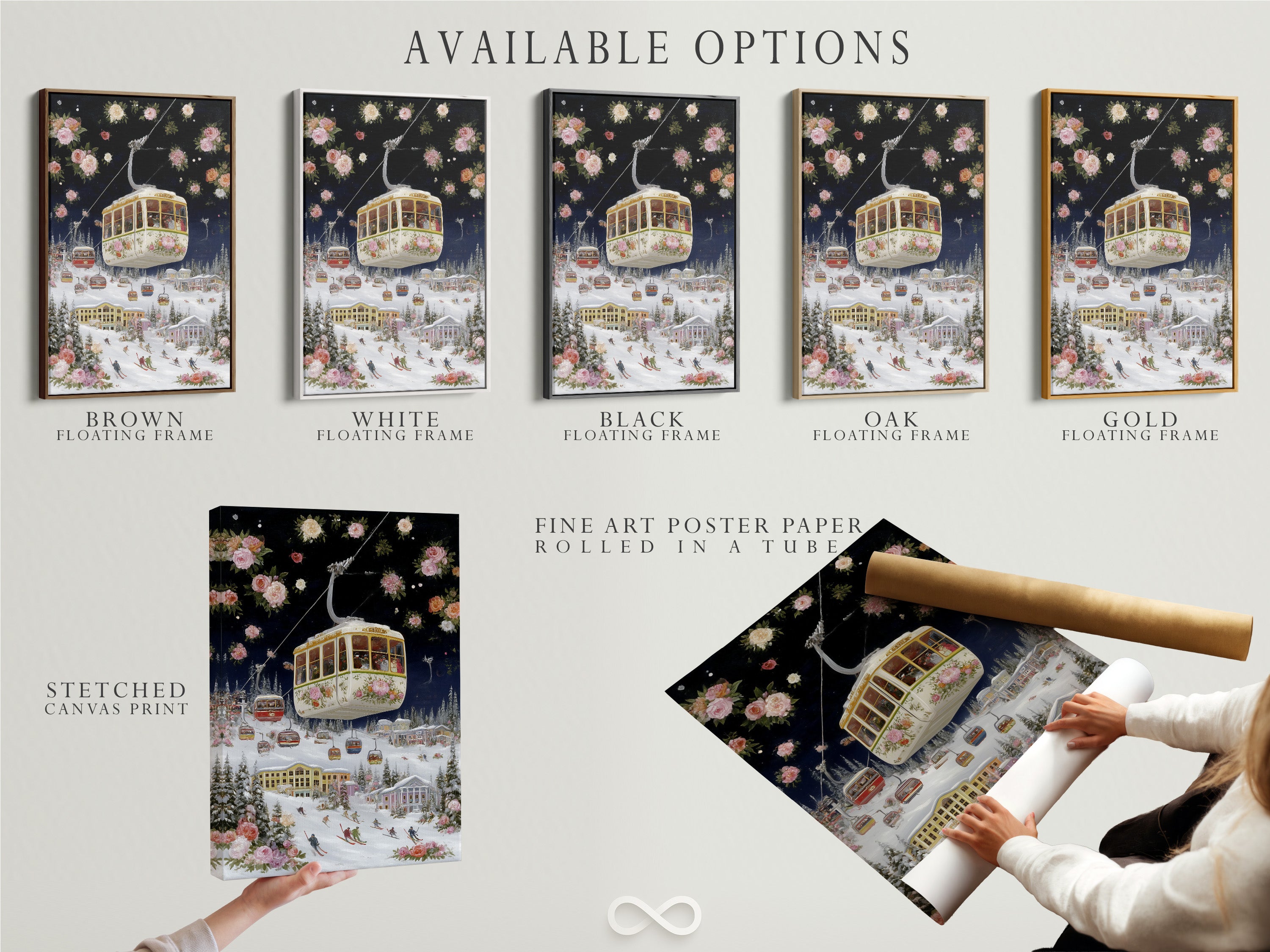 Available options for the ski resort artwork include a stretched canvas print fine art poster paper and floating frame. This vintage floral alpine wall art features a gondola winter landscape. Select your preferred style for this ski wall decor.