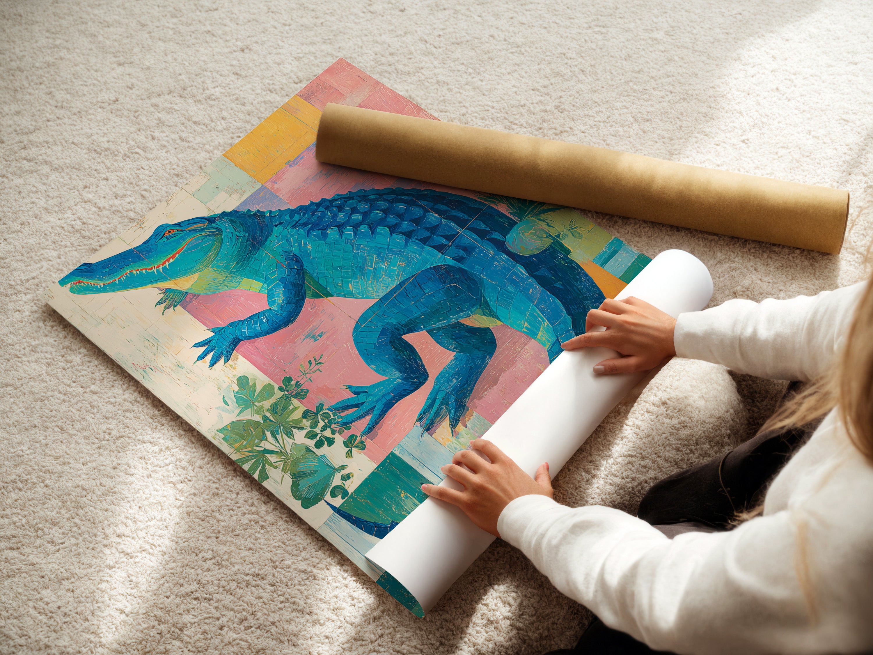 A woman is carefully rolling a fine art poster paper. This ensures the alligator artwork arrives in perfect condition. High-quality printing preserves the vivid colors. Ready to enhance your space.