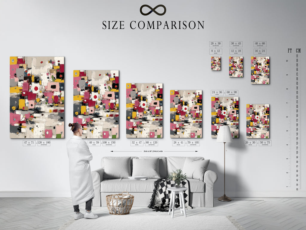 Size comparison chart in an interior setting. See how abstract colorful artwork fits in your space. Modern geometric print sizes for any wall. Pink yellow decor to enhance your home or office style.