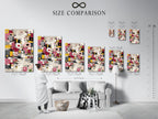Size comparison chart in an interior setting. See how abstract colorful artwork fits in your space. Modern geometric print sizes for any wall. Pink yellow decor to enhance your home or office style.