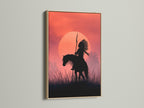 This is a framed artwork. The artwork depicts an indigenous person on horseback at sunset. The frame is made of oak. This wall art adds a touch of nature to any room. Perfect for home decor and art lovers.