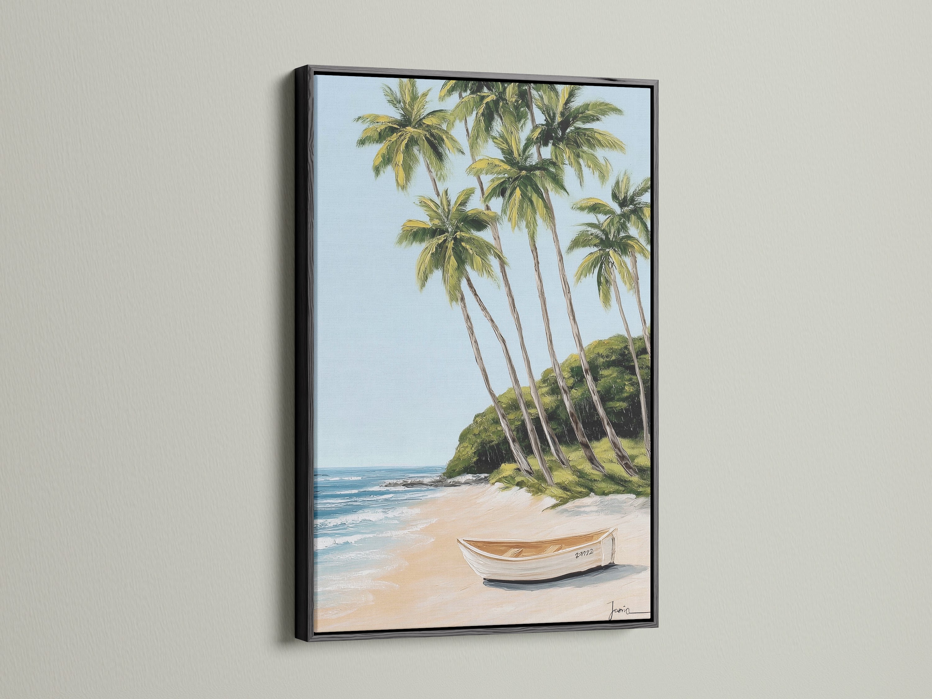 Tropical beach artwork displayed in a black frame. The art captures palm trees and white boat on the beach. The black frame adds a modern touch. Bring the tranquility of the ocean into your space. Perfect for any room.