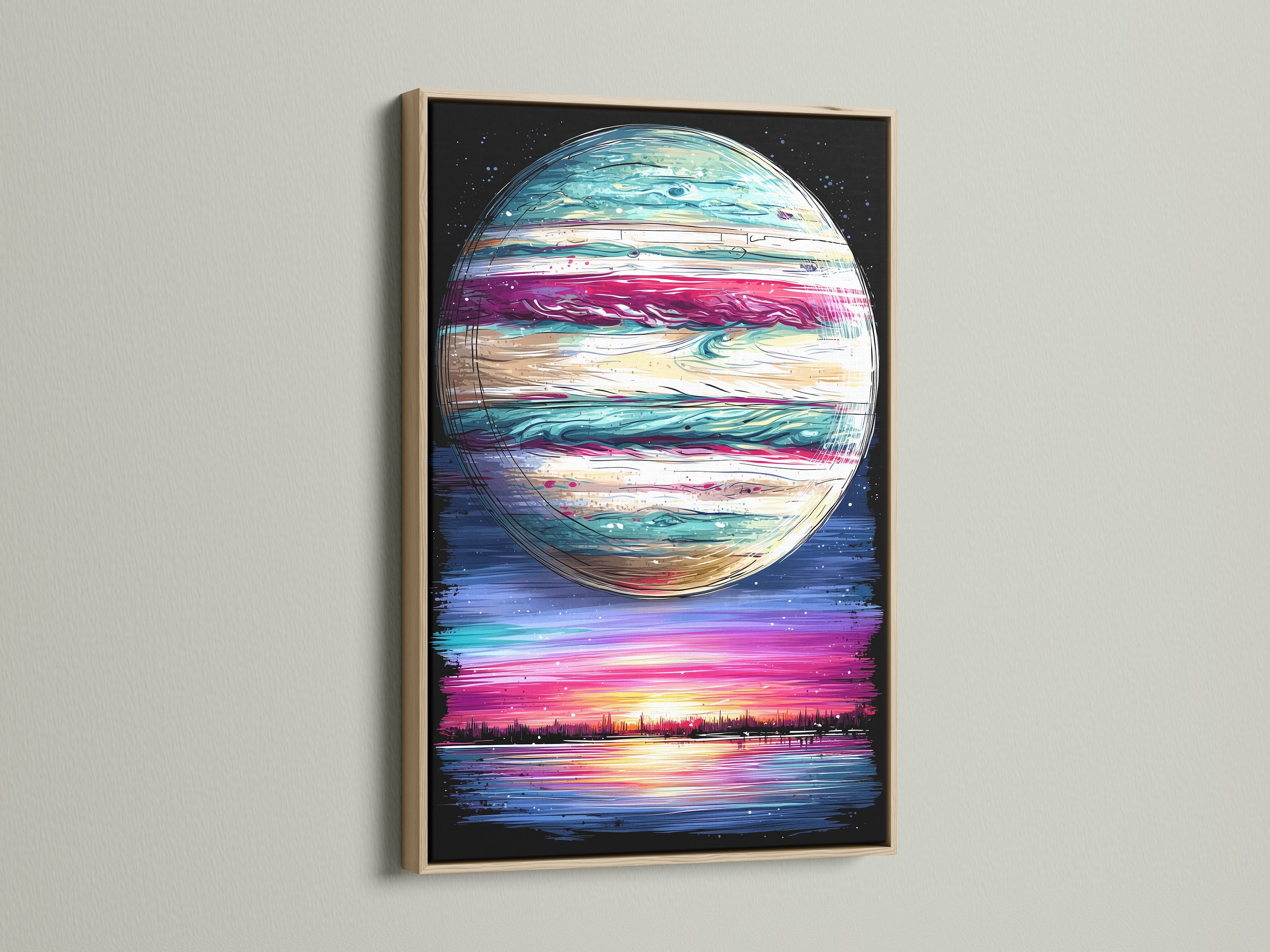 Abstract galaxy artwork displayed in an oak frame. The celestial print brings cosmic beauty to your walls. Perfect modern art print for homeowners and interior designers. Elevate your space today.
