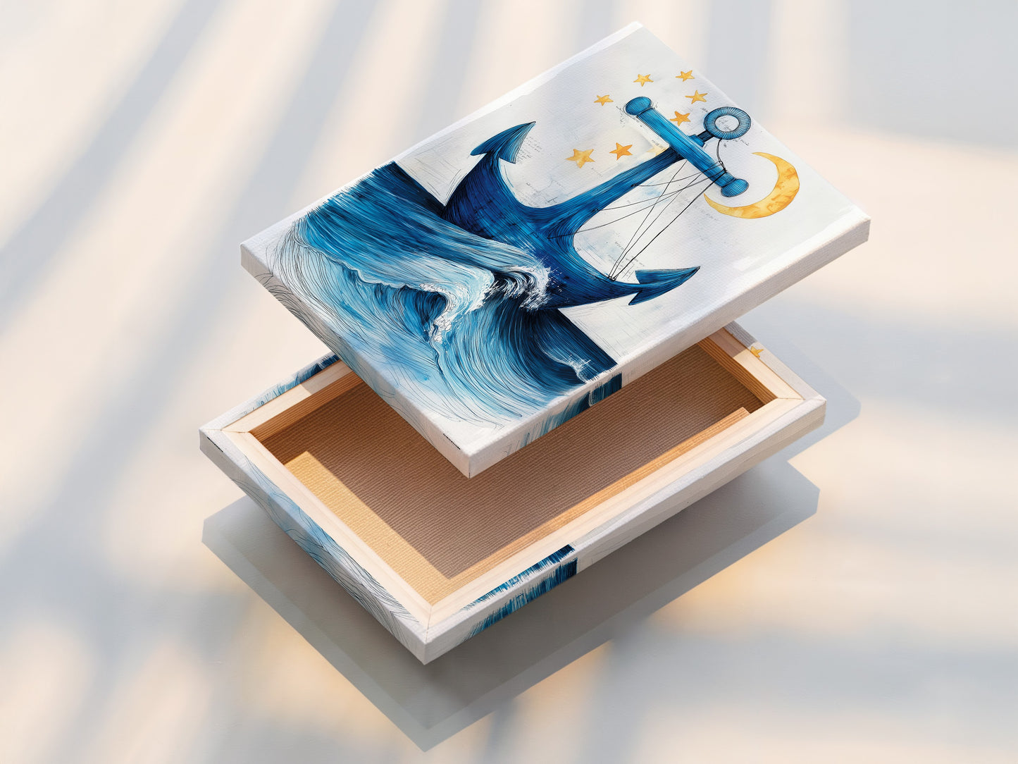 A stretched canvas print of the Anchor artwork displayed on a white wall. Ready to hang nautical wall art for easy decor. The blue ocean wave print brings a coastal vibe to any room. Perfect for beach houses and seaside artwork collections. Enhance your space with this vibrant ocean art