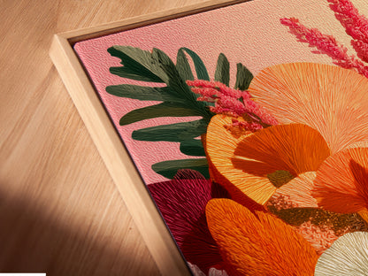 A close-up angled view of a canvas print in a floating frame is displayed. The floating frame creates a modern and sophisticated look. The canvas print features a colorful floral artwork. This framing style enhances the artwork. The fine details can be seen.