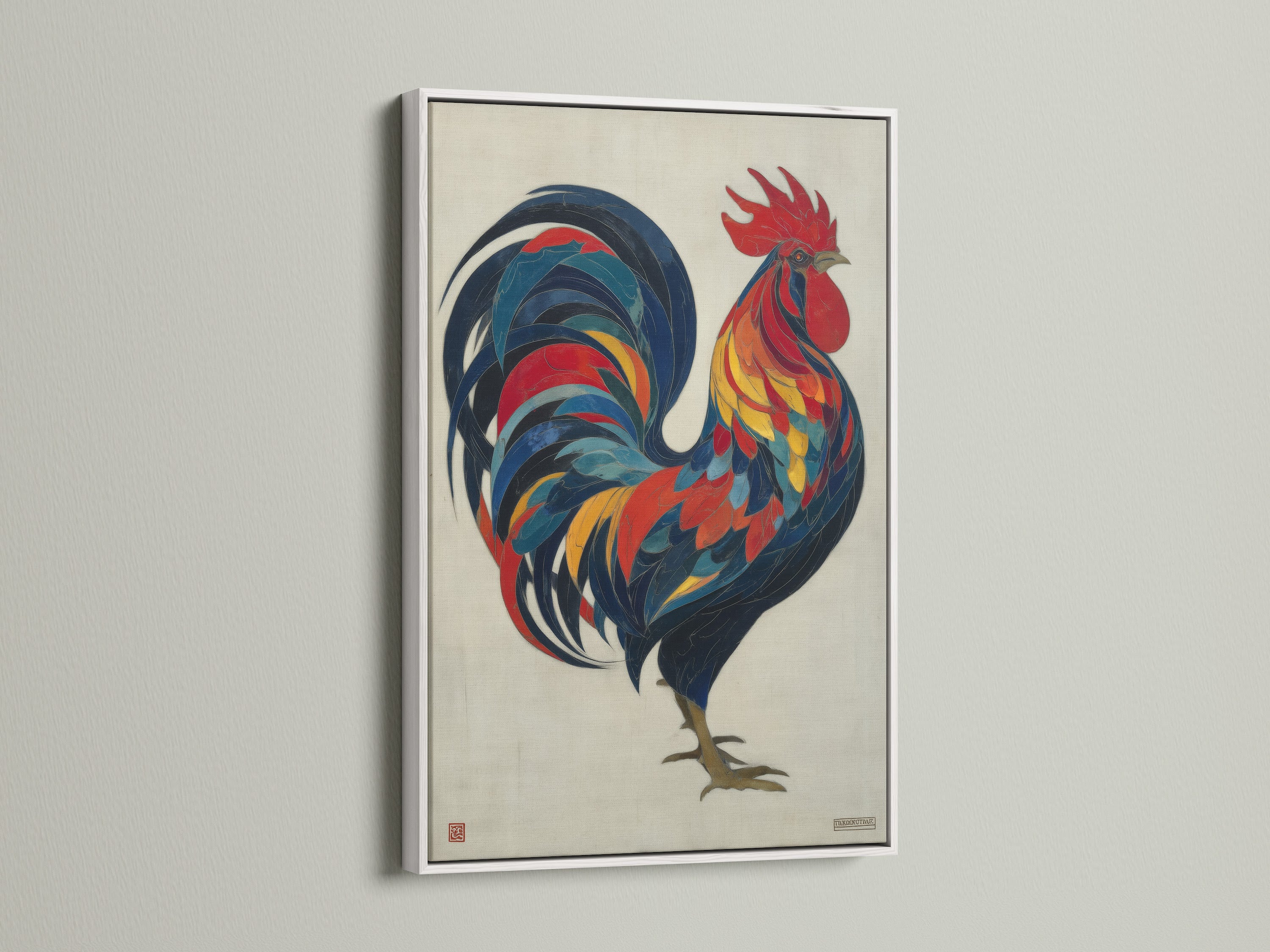 The colorful rooster artwork is displayed in a clean white frame. This frame option offers a modern and fresh look to your folk art print. Ideal for brightening up your kitchen wall decor or adding a vibrant touch to your home. Enhance your farmhouse decor today.