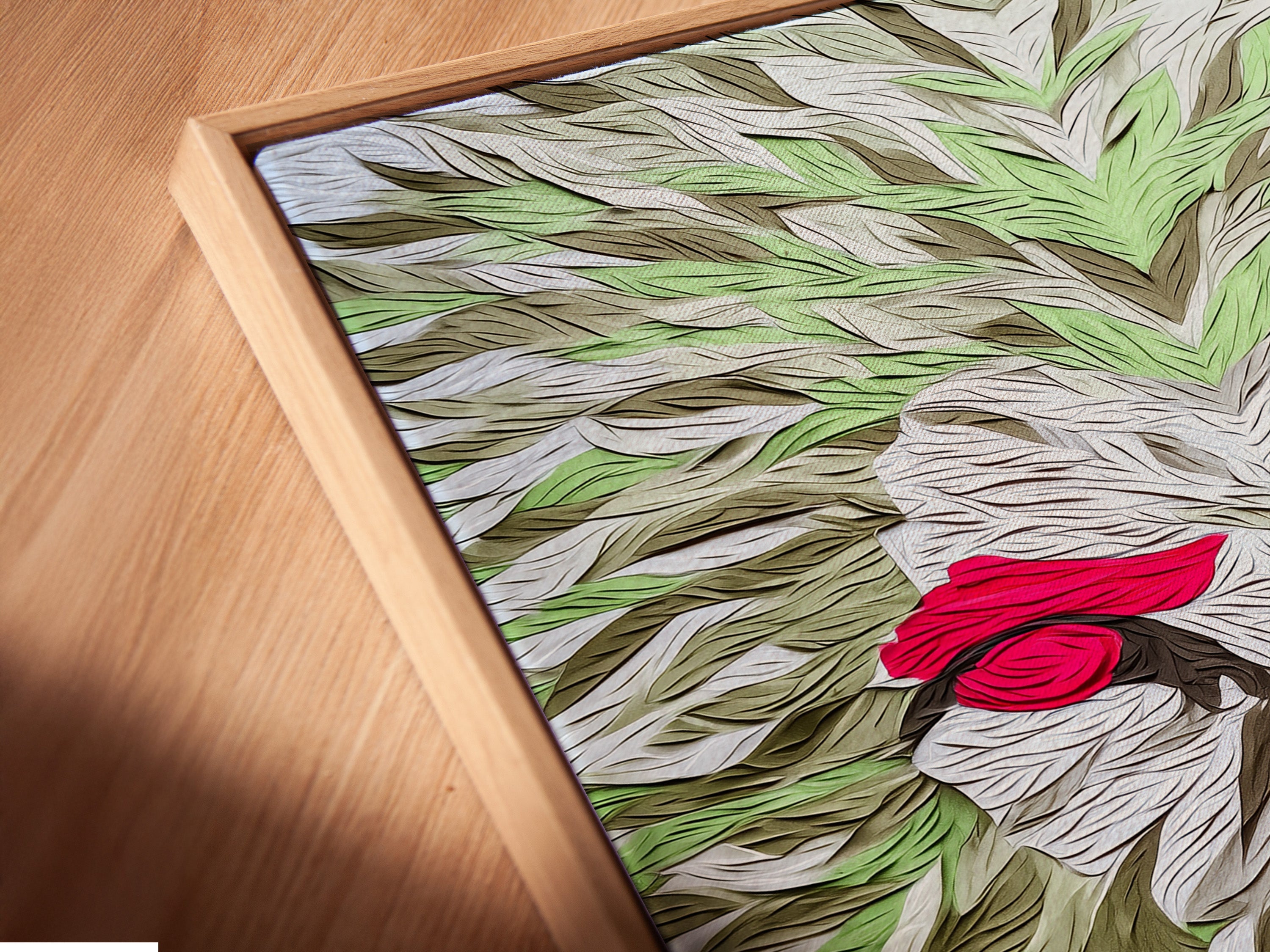 This is a close-up of a canvas print. The artwork is displayed in a floating frame. Notice the depth the floating frame creates. The canvas texture enhances the art's look. This framing style adds a modern touch. Perfect for showcasing contemporary artwork.