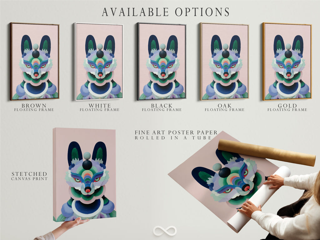 Available options for the geometric fox artwork. Choose between a stretched canvas print fine art poster paper or a floating frame. Customize this modern animal art to perfectly suit your decor needs.