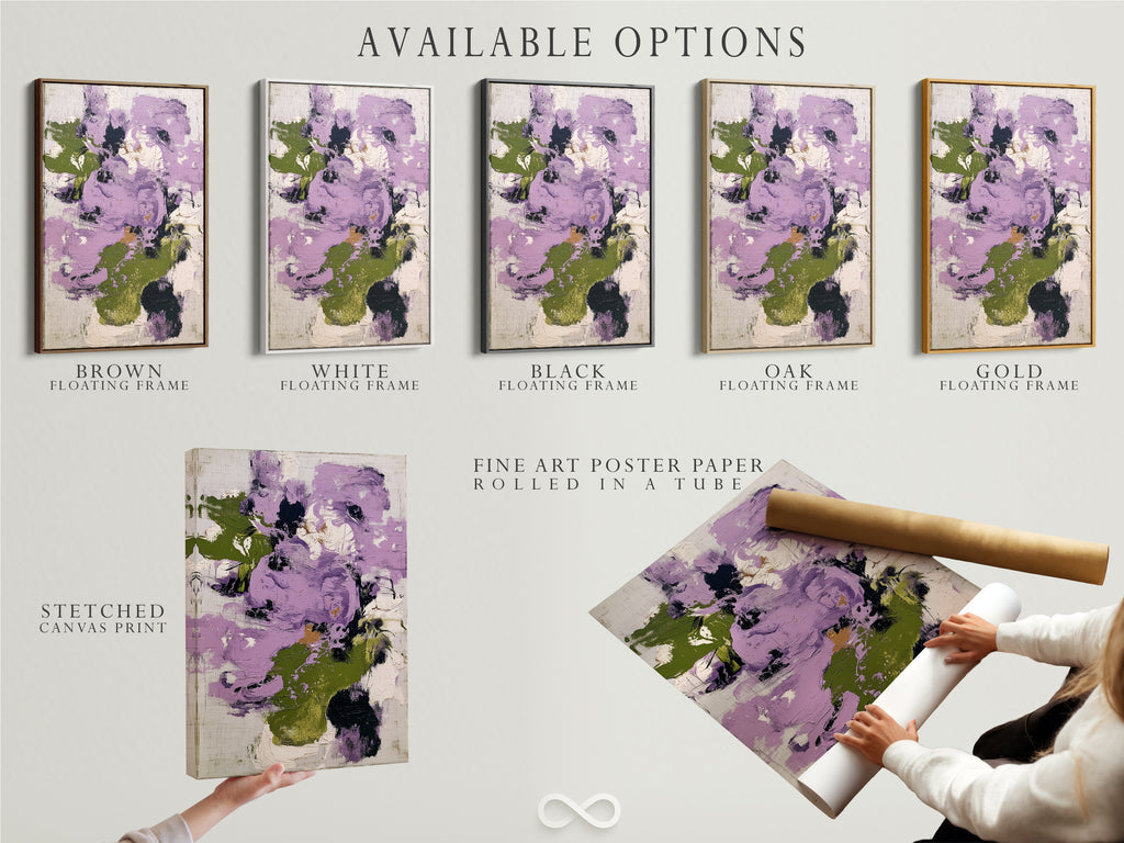 Explore available options for abstract floral artwork including stretched canvas prints fine art poster paper and floating frames. Each option showcases purple and green modern art. Choose the perfect format to enhance your living room bedroom or office wall decor.