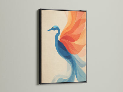The crane artwork stands out in a black frame. This modern art print is a striking addition to any room. The bird illustration and avian art create a focal point. Ideal for wall decoration in homes offices studios or spas.