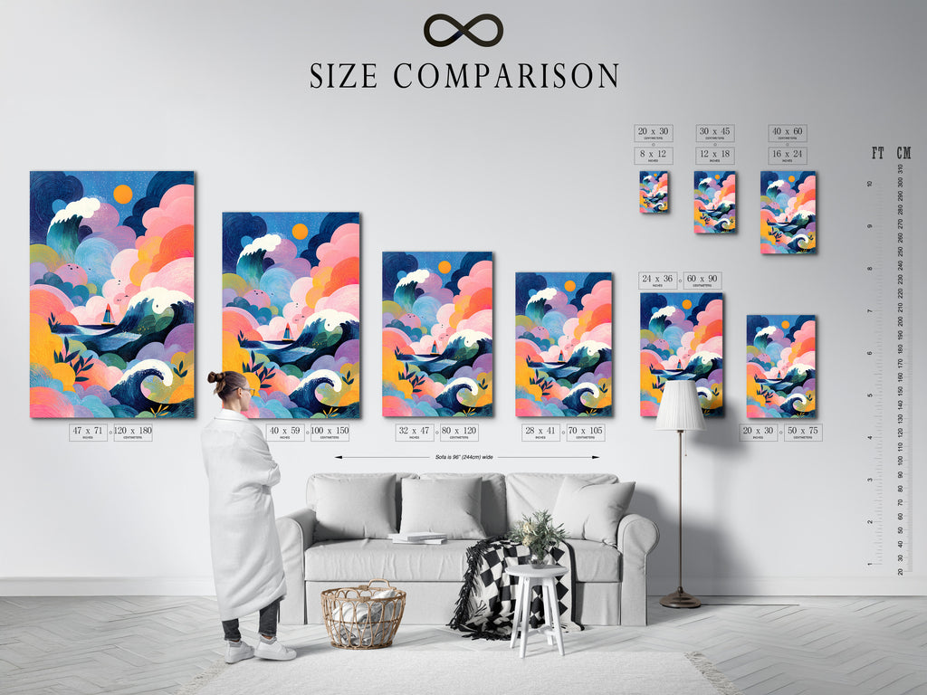 Size comparison chart displayed in a room. This chart helps visualize art print sizes. It shows various frame and canvas options. It is an excellent tool for interior art planning.
