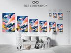 Size comparison chart displayed in a room. This chart helps visualize art print sizes. It shows various frame and canvas options. It is an excellent tool for interior art planning.