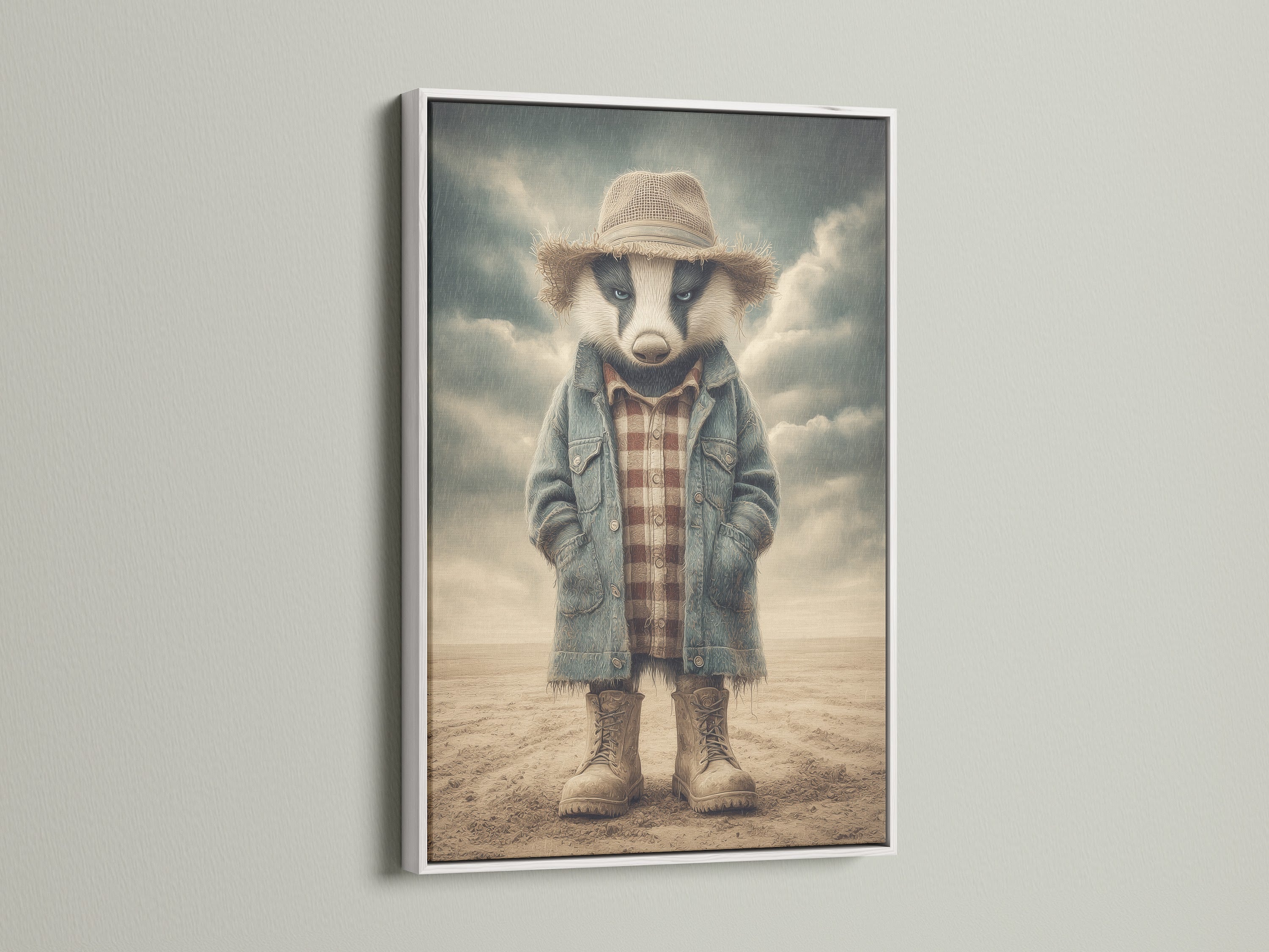A white frame enhances the Badger Cowboy art print. This piece is perfect for adding a touch of farmhouse charm to a kids room. The vintage western animal artwork creates a cozy nursery ambiance. This canvas print complements rustic and country-themed decor. It is a delightful addition to any home.