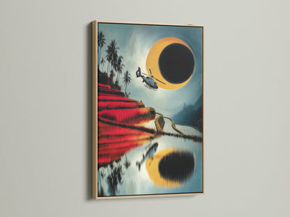 Helicopter Over Rice Terraces canvas print in an oak frame. This modern travel artwork captures the beauty of Southeast Asia. The teal and red landscape brings a unique touch to your walls. Perfect for homeowners and interior designers