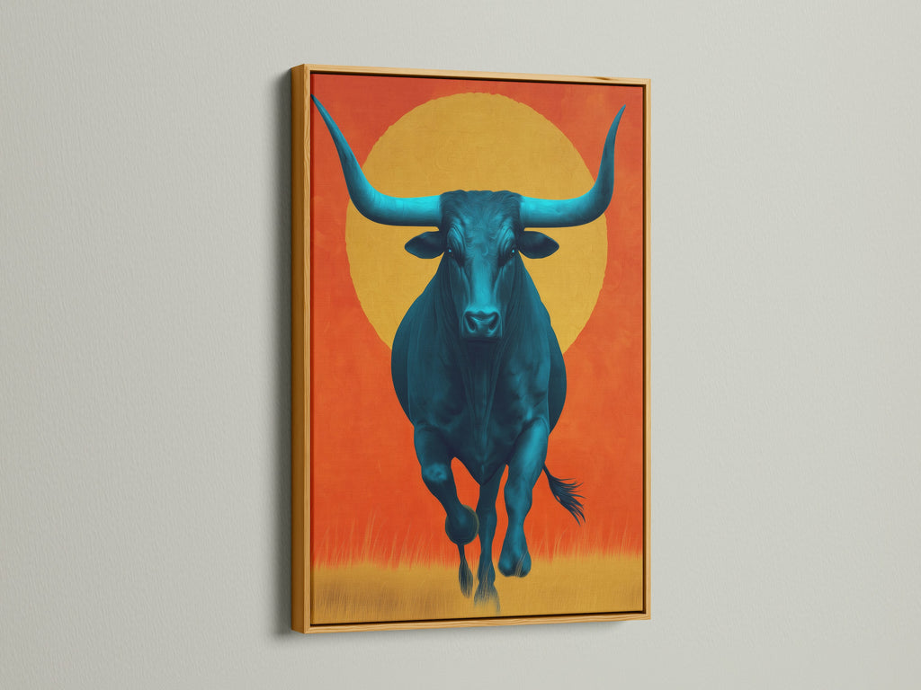 Admire this elegant teal bull artwork displayed in a luxurious gold frame. This modern canvas art elevates farmhouse decor. Its southwestern charm enriches any space. This animal artwork is a statement piece for your home decor. A perfect blend of western art and modern style.
