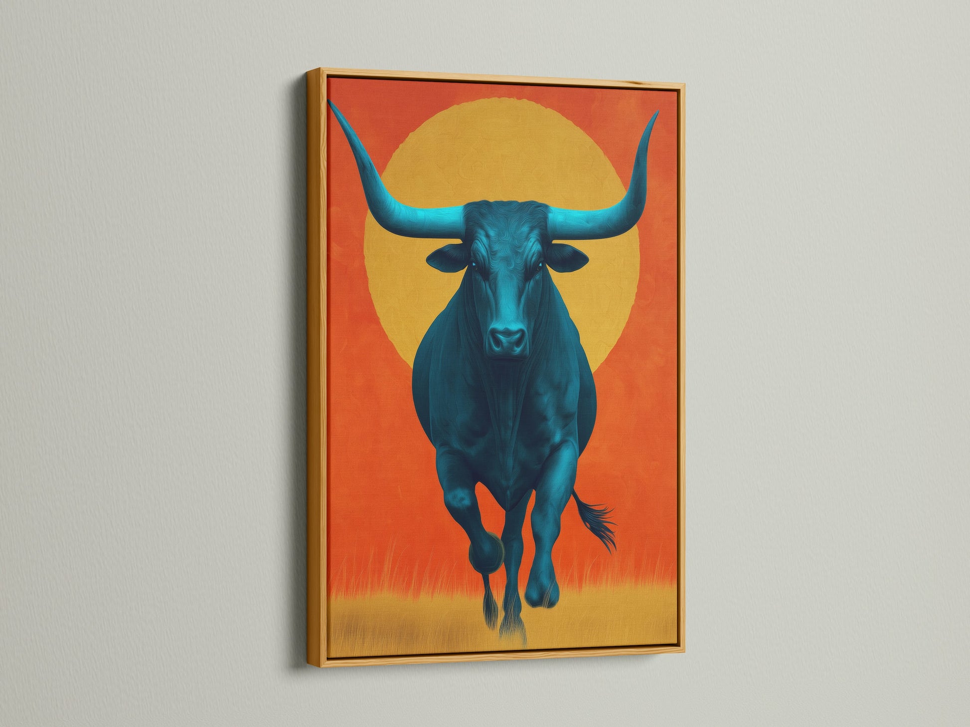 Admire this elegant teal bull artwork displayed in a luxurious gold frame. This modern canvas art elevates farmhouse decor. Its southwestern charm enriches any space. This animal artwork is a statement piece for your home decor. A perfect blend of western art and modern style.