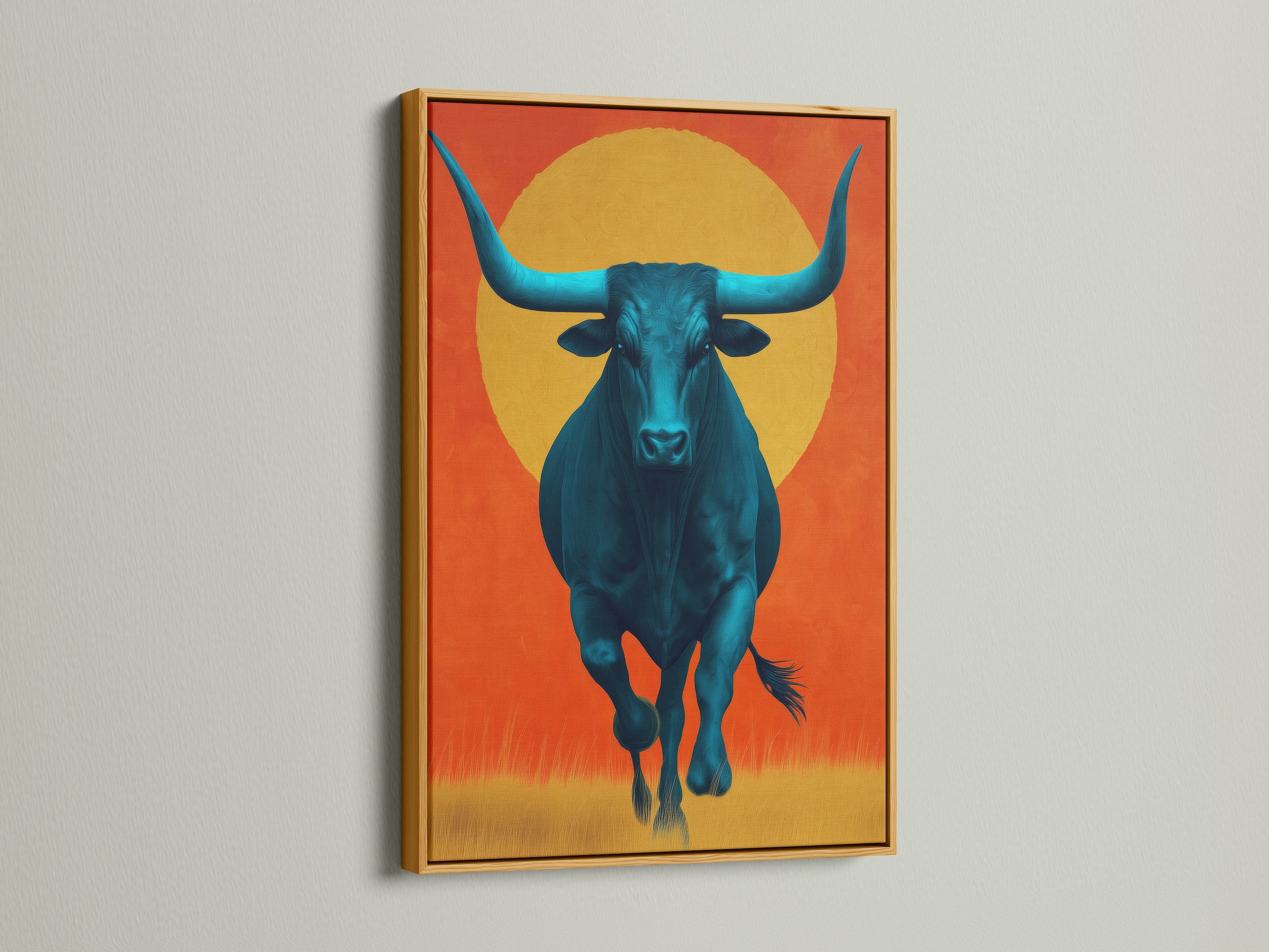 Admire this elegant teal bull artwork displayed in a luxurious gold frame. This modern canvas art elevates farmhouse decor. Its southwestern charm enriches any space. This animal artwork is a statement piece for your home decor. A perfect blend of western art and modern style.