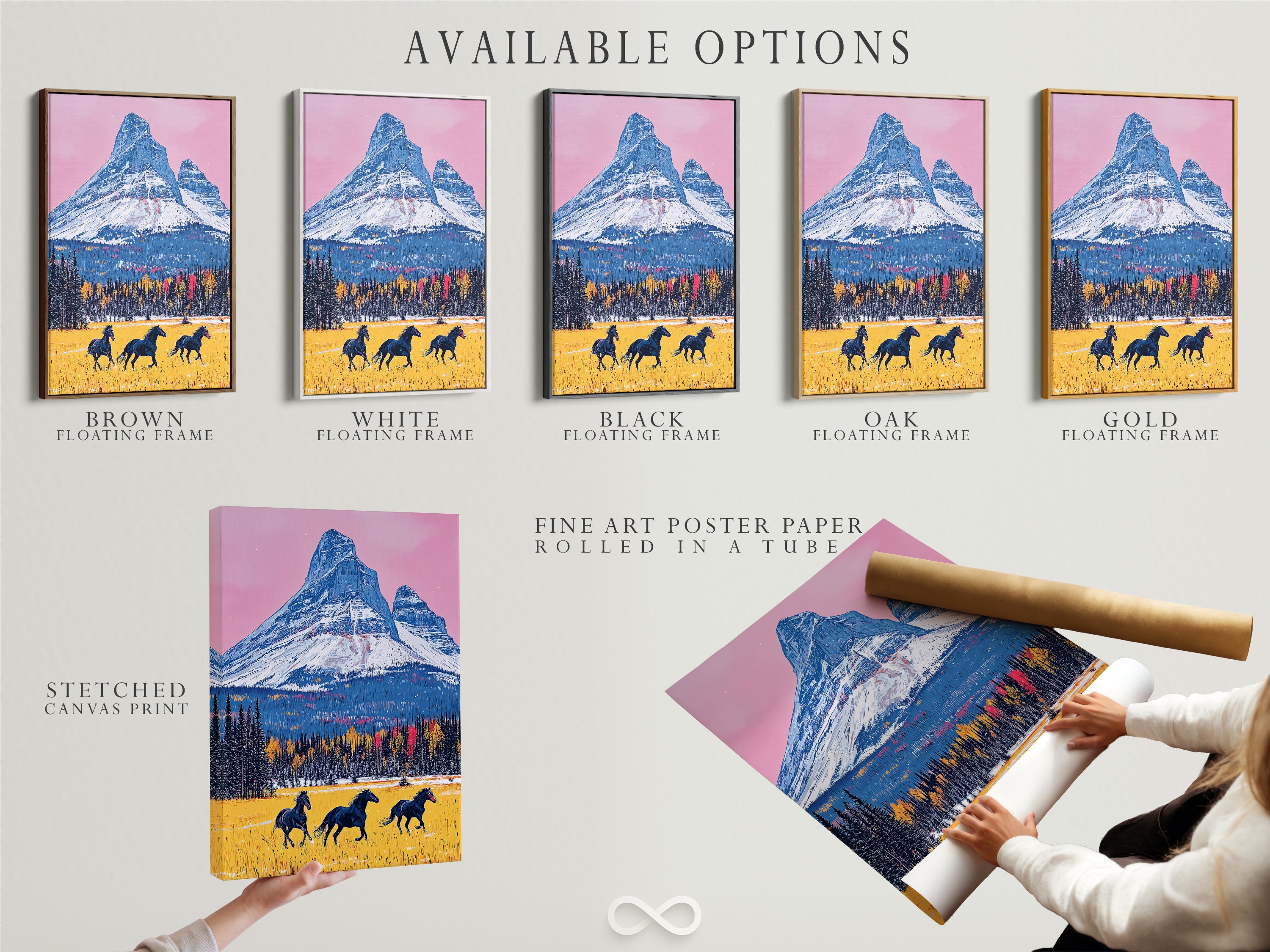 Explore available options for the mountain horse artwork. Choose between a stretched canvas print fine art poster paper or a floating frame. Customize your rustic art print to fit your style. Enhance your western wall decor with our options. Discover the perfect landscape canvas today.