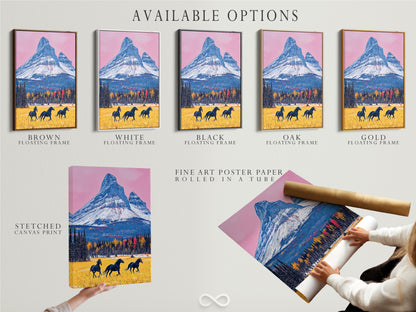 Explore available options for the mountain horse artwork. Choose between a stretched canvas print fine art poster paper or a floating frame. Customize your rustic art print to fit your style. Enhance your western wall decor with our options. Discover the perfect landscape canvas today.