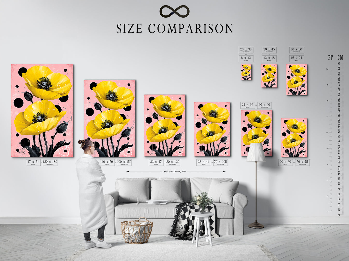 A size comparison chart displayed in an interior setting. See how the Yellow Poppy artwork fits in various spaces. Perfect for planning your bedroom wall decor. Visualize the impact of this modern floral wall art.