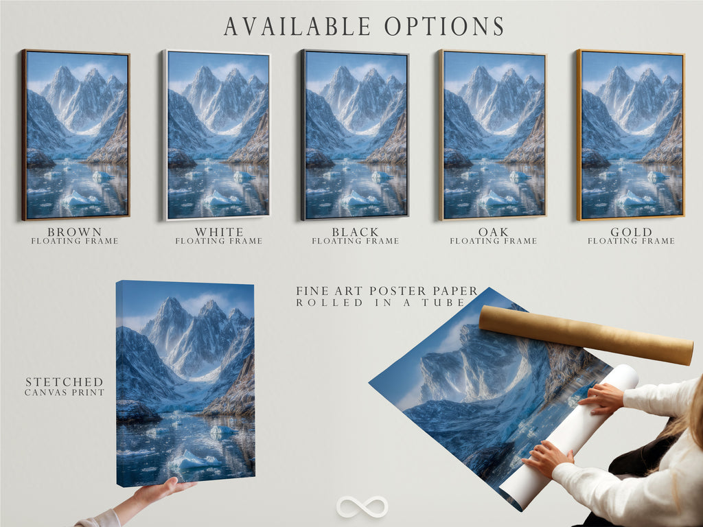 Available options for the Mountain Glacier artwork are displayed. Choices include a stretched canvas print fine art poster paper and a floating frame. Select the perfect option to match your style and decor needs. This brings the arctic landscape to your home.