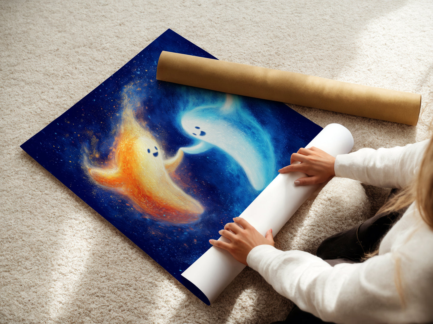 A woman is carefully rolling a fine art poster paper. The paper features the cute ghost artwork. This playful art is perfect for kids' room decor. The whimsical print is ideal for nurseries. The spirit artwork brings fantasy to children art. The ghost art features cartoon ghosts in orange and blue. It's great for children art.